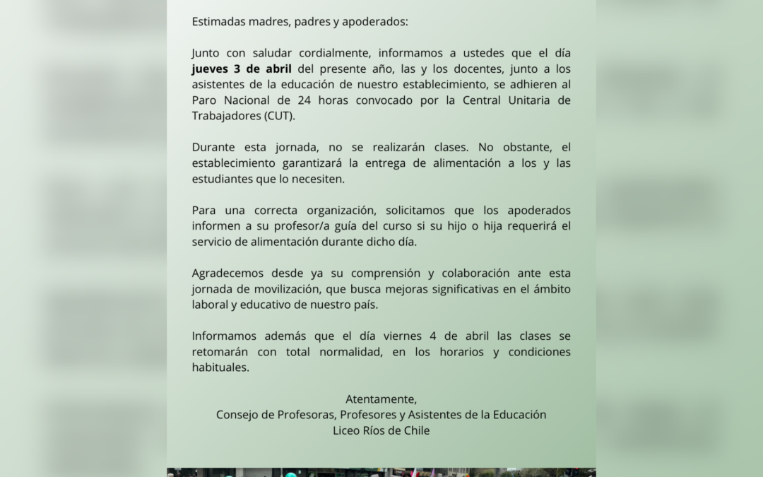 Comunicado Oficial Nº1: Paro Convocado por la CUT