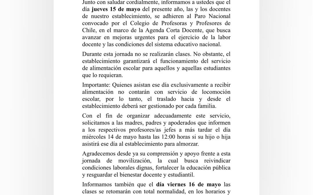 Comunicado Oficial: Adhesión al Paro Nacional Docente